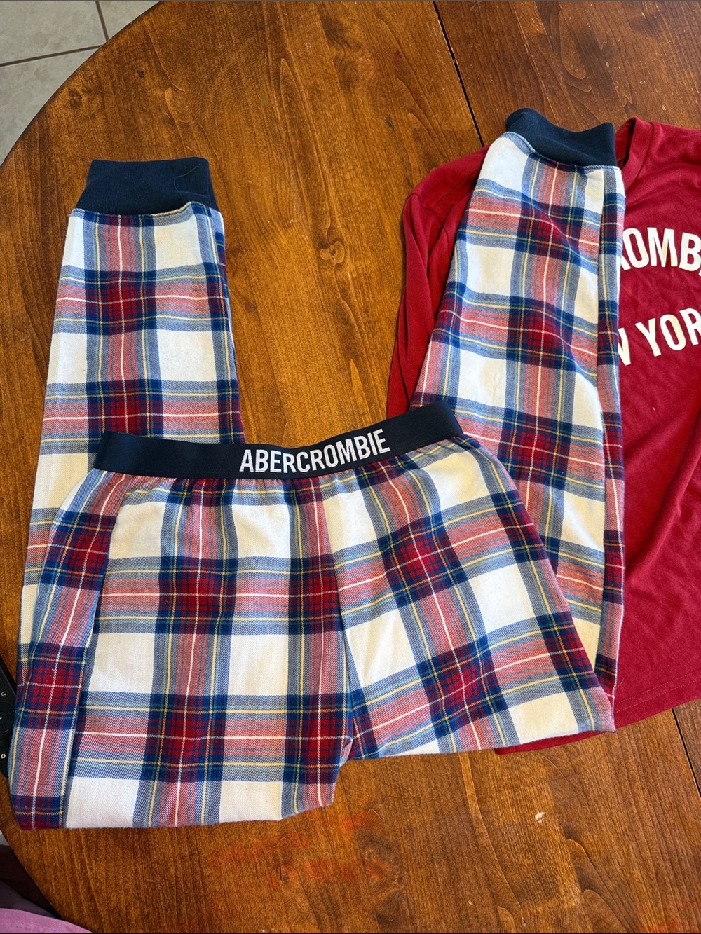 abercrombie kids Red Long Sleeve Logo Top with Plaid Pajama Pants - Picture 2 of 4